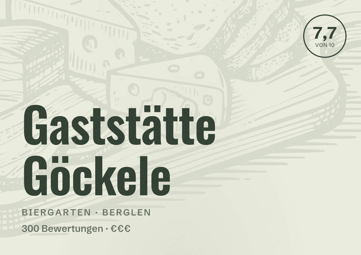 Illustriertes Poster von Gaststätte Göckele, Biergarten in Berglen: Bewertung 7,7 von 10 aus 300 Bewertungen, Preisniveau €€€