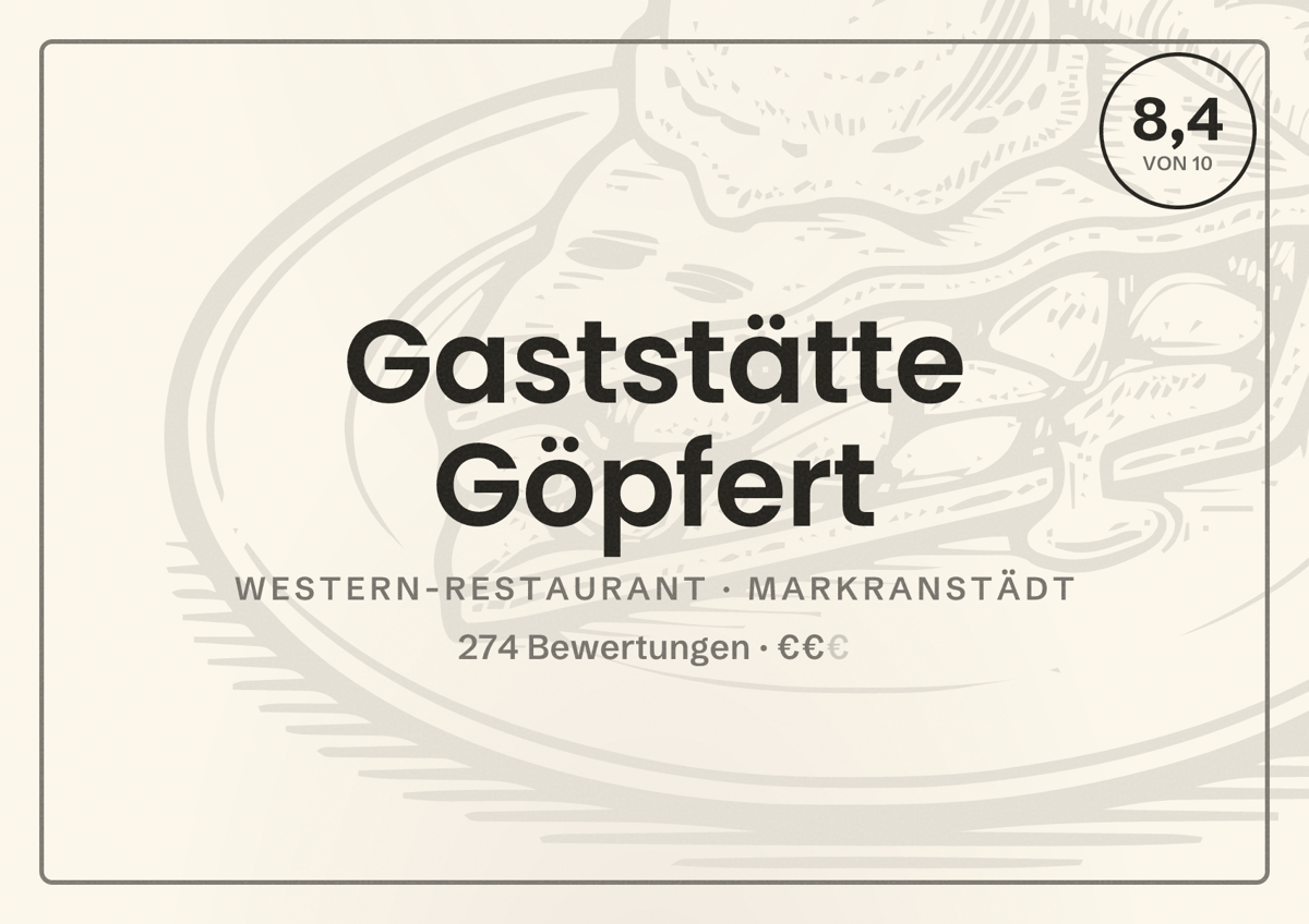 Illustriertes Poster von Gaststätte Göpfert, Western-Restaurant in Markranstädt: Bewertung 8,4 von 10 aus 274 Bewertungen, Preisniveau €€