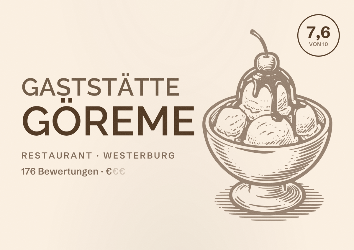 Illustriertes Poster von Gaststätte Göreme, Restaurant in Westerburg: Bewertung 7,6 von 10 aus 176 Bewertungen, Preisniveau €