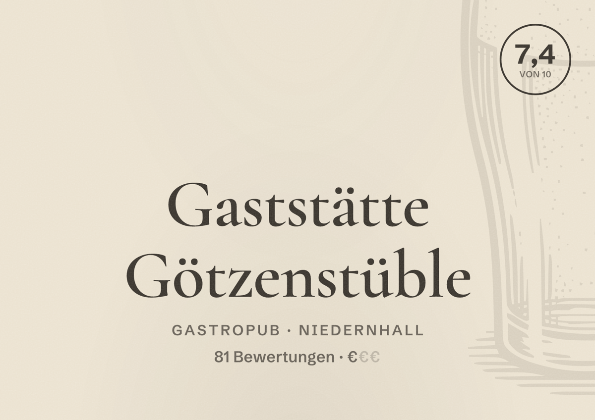 Illustriertes Poster von Gaststätte Götzenstüble, Gastropub in Niedernhall: Bewertung 7,4 von 10 aus 81 Bewertungen, Preisniveau €