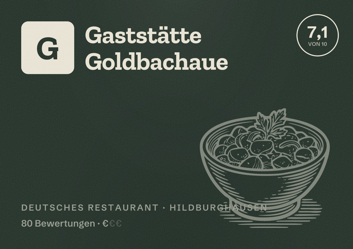 Illustriertes Poster von Gaststätte Goldbachaue, Deutsches Restaurant in Hildburghausen: Bewertung 7,1 von 10 aus 80 Bewertungen, Preisniveau €