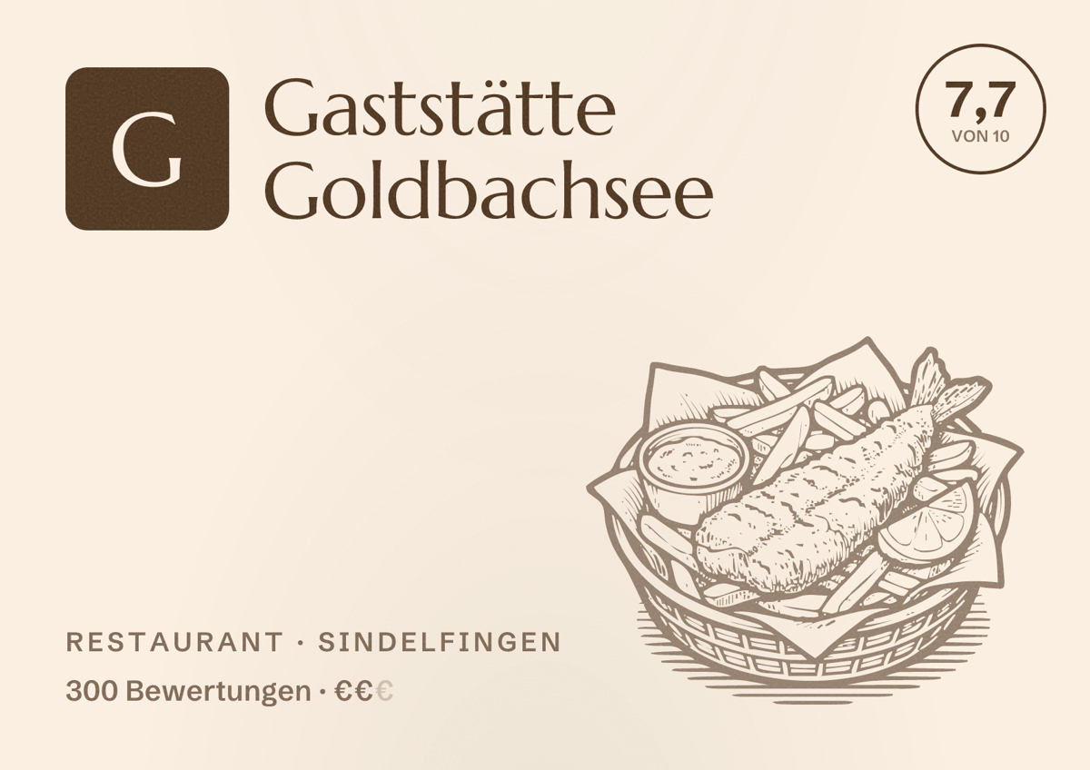 Illustriertes Poster von Gaststätte Goldbachsee, Restaurant in Sindelfingen: Bewertung 7,7 von 10 aus 300 Bewertungen, Preisniveau €€