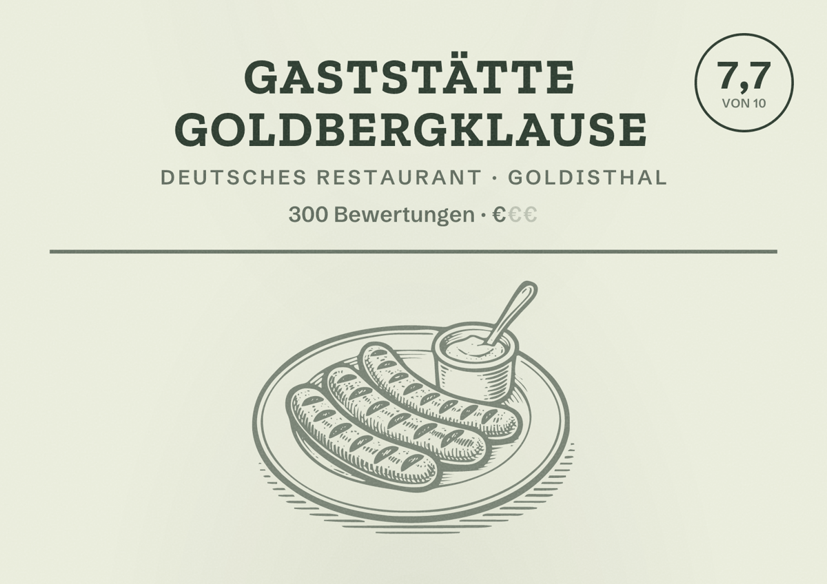 Illustriertes Poster von Gaststätte Goldbergklause, Deutsches Restaurant in Goldisthal: Bewertung 7,7 von 10 aus 300 Bewertungen, Preisniveau €