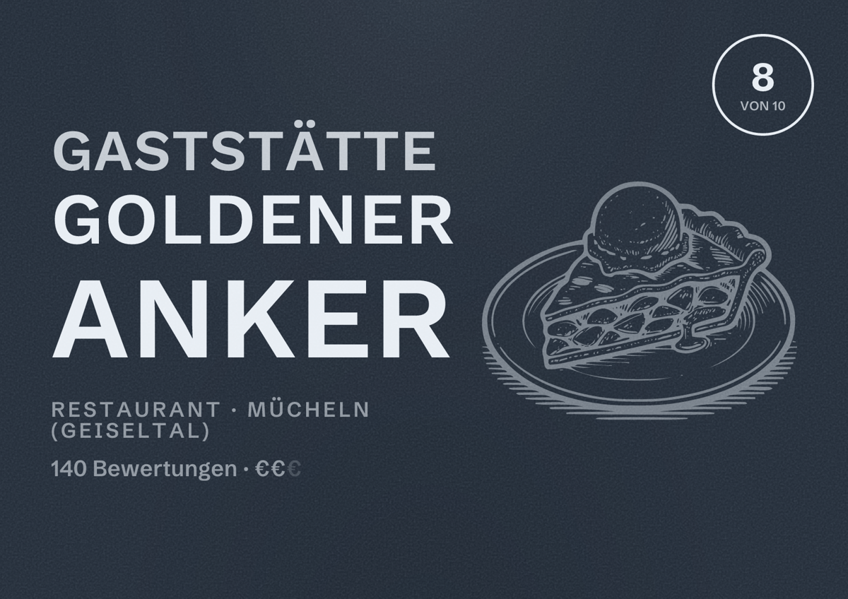Illustriertes Poster von Gaststätte Goldener Anker, Restaurant in Mücheln (Geiseltal): Bewertung 8 von 10 aus 140 Bewertungen, Preisniveau €€