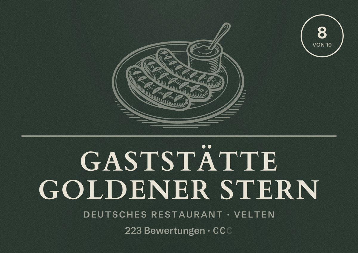 Illustriertes Poster von Gaststätte Goldener Stern, Deutsches Restaurant in Velten: Bewertung 8 von 10 aus 223 Bewertungen, Preisniveau €€