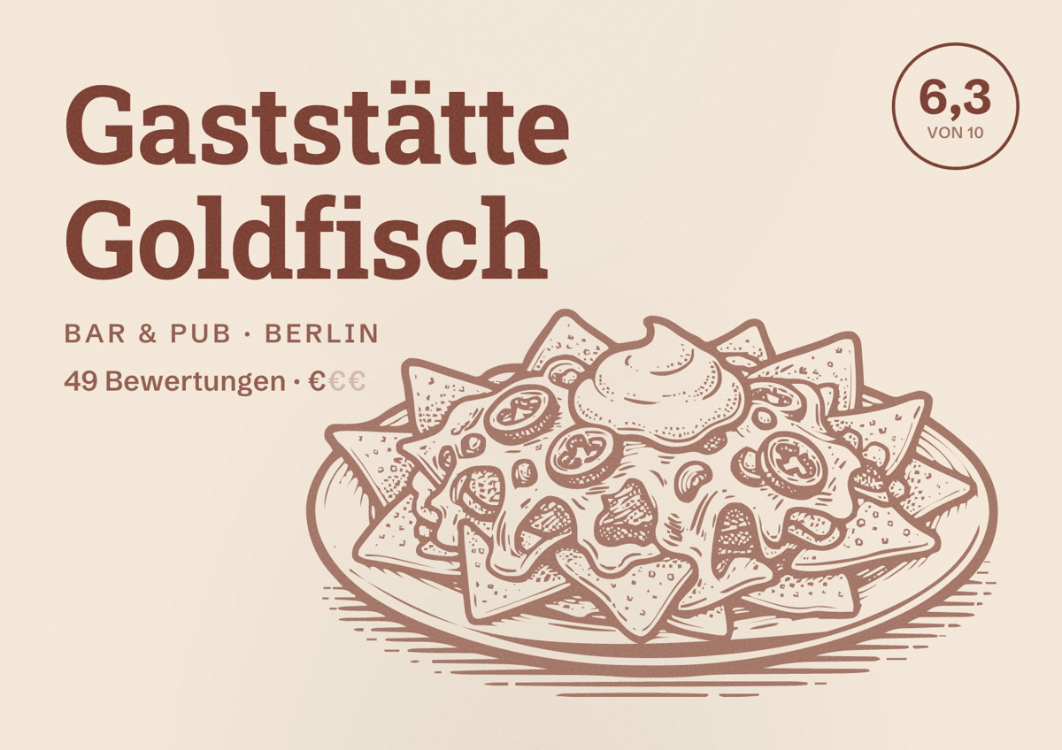 Illustriertes Poster von Gaststätte Goldfisch, Bar & Pub in Berlin: Bewertung 6,3 von 10 aus 49 Bewertungen, Preisniveau €