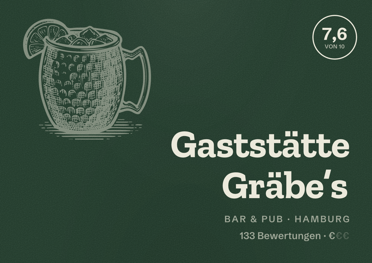 Illustriertes Poster von Gaststätte Gräbe’s, Bar & Pub in Hamburg: Bewertung 7,6 von 10 aus 133 Bewertungen, Preisniveau €