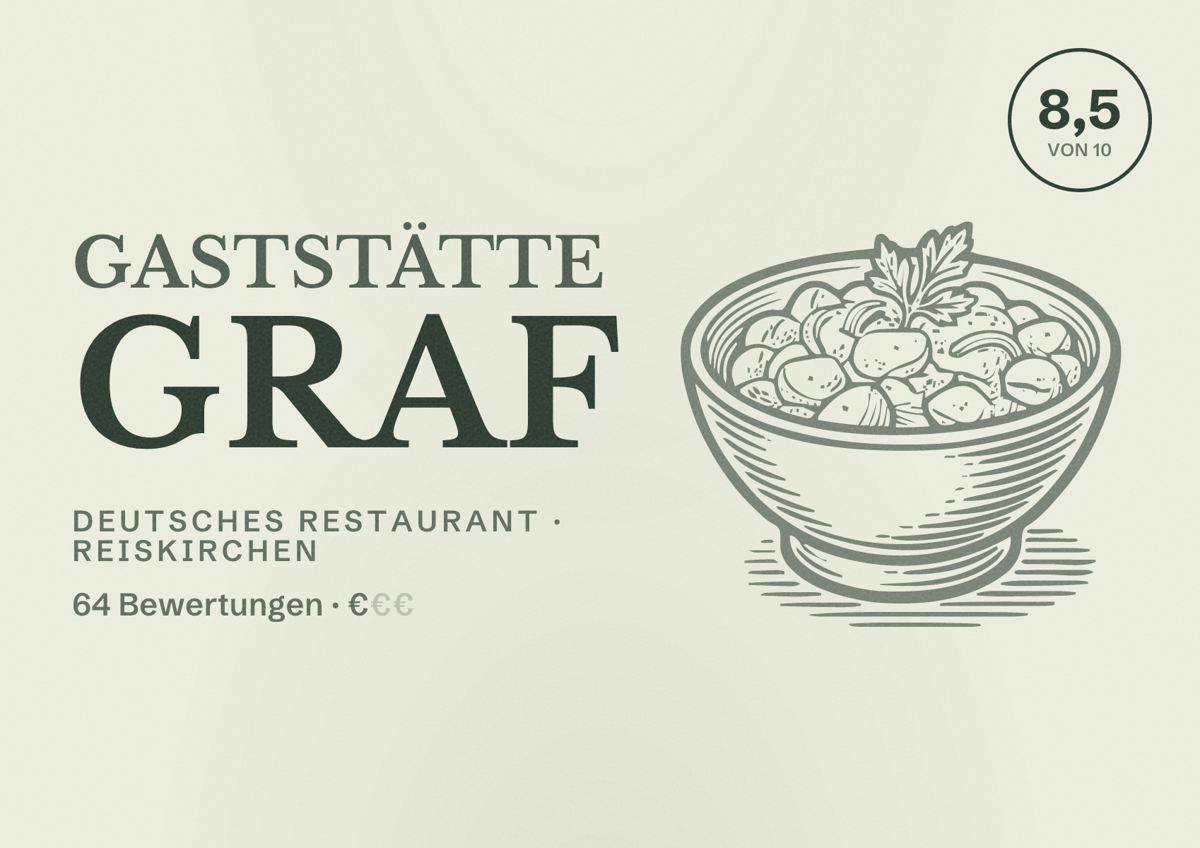 Illustriertes Poster von Gaststätte Graf, Deutsches Restaurant in Reiskirchen: Bewertung 8,5 von 10 aus 64 Bewertungen, Preisniveau €