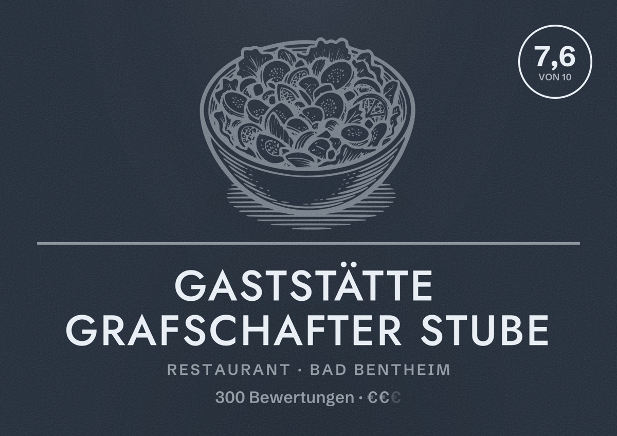 Illustriertes Poster von Gaststätte Grafschafter Stube, Restaurant in Bad Bentheim: Bewertung 7,6 von 10 aus 300 Bewertungen, Preisniveau €€