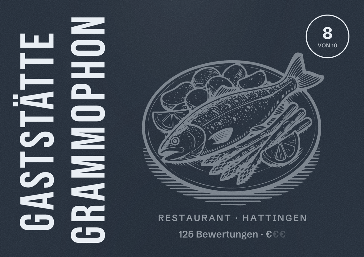Illustriertes Poster von Gaststätte Grammophon, Restaurant in Hattingen: Bewertung 8 von 10 aus 125 Bewertungen, Preisniveau €