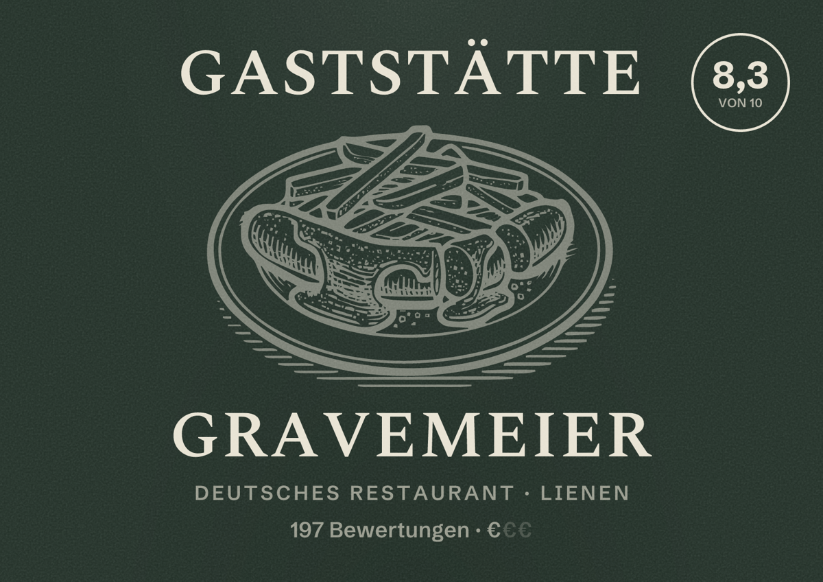 Illustriertes Poster von Gaststätte Gravemeier, Deutsches Restaurant in Lienen: Bewertung 8,3 von 10 aus 197 Bewertungen, Preisniveau €