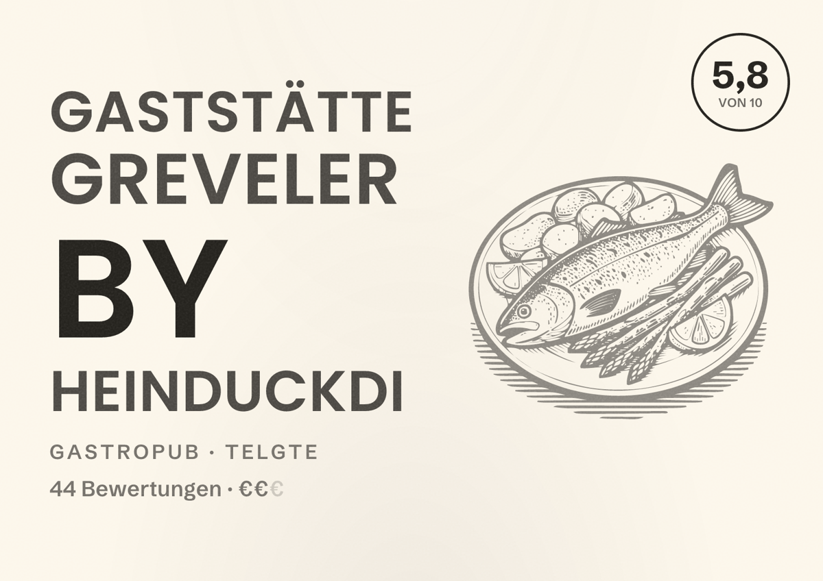 Illustriertes Poster von Gaststätte Greveler by Heinduckdi, Gastropub in Telgte: Bewertung 5,8 von 10 aus 44 Bewertungen, Preisniveau €€