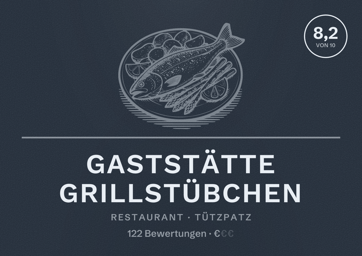Illustriertes Poster von Gaststätte Grillstübchen, Restaurant in Tützpatz: Bewertung 8,2 von 10 aus 122 Bewertungen, Preisniveau €
