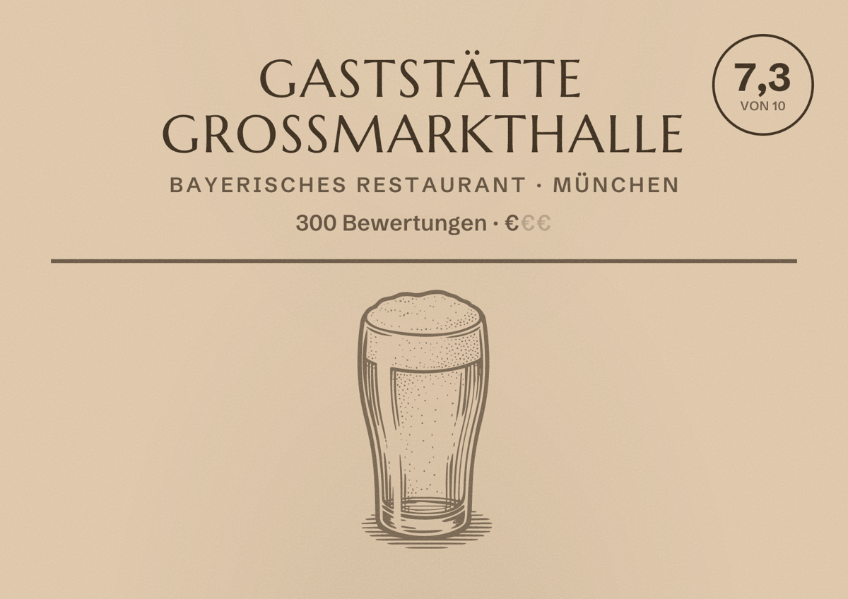 Illustriertes Poster von Gaststätte Großmarkthalle, Bayerisches Restaurant in München: Bewertung 7,3 von 10 aus 300 Bewertungen, Preisniveau €