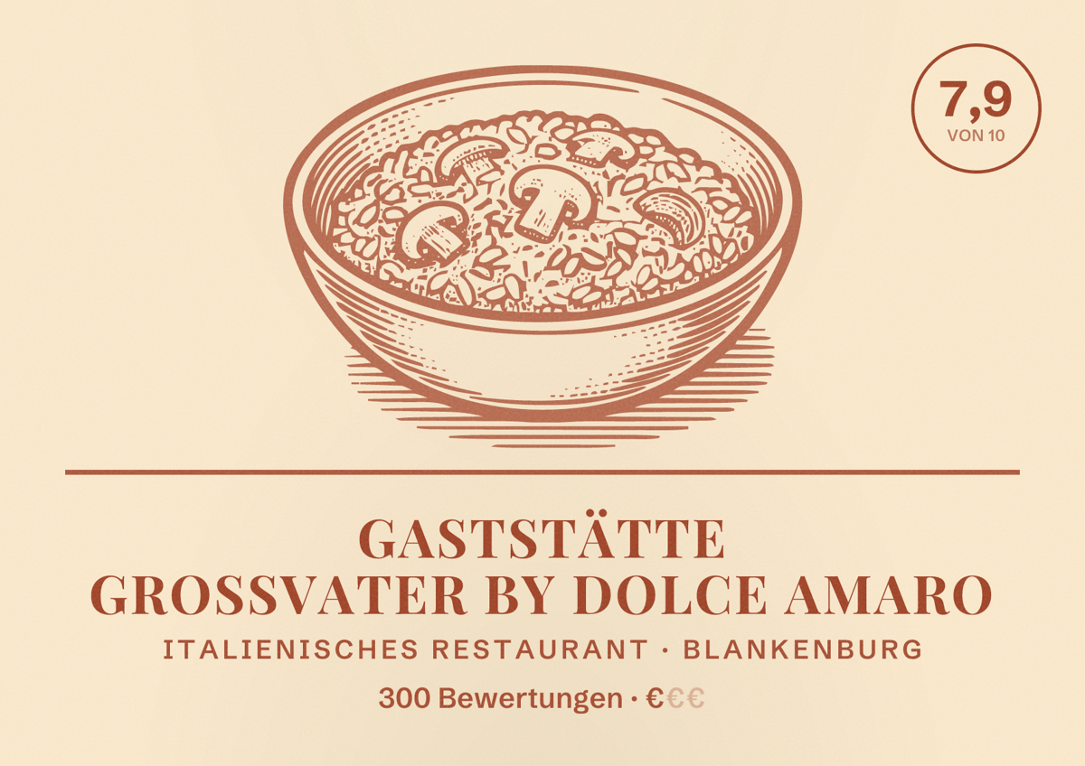 Illustriertes Poster von Gaststätte Großvater by Dolce Amaro, Italienisches Restaurant in Blankenburg: Bewertung 7,9 von 10 aus 300 Bewertungen, Preisniveau €
