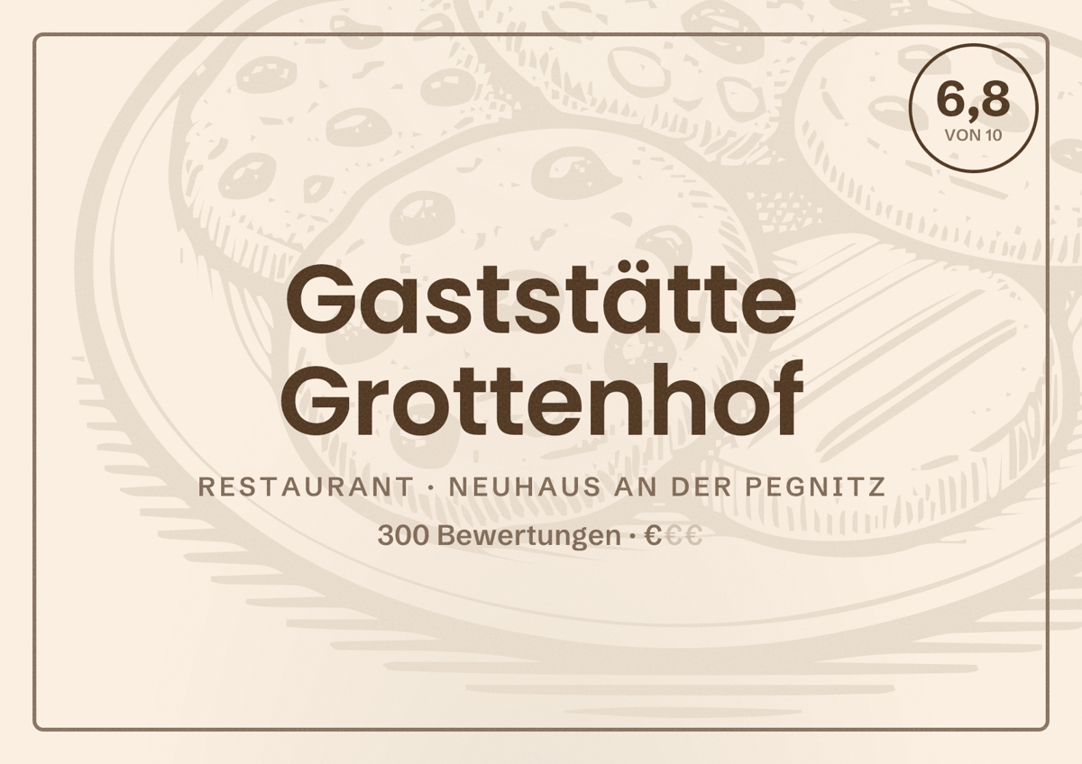 Illustriertes Poster von Gaststätte Grottenhof, Restaurant in Neuhaus an der Pegnitz: Bewertung 6,8 von 10 aus 300 Bewertungen, Preisniveau €