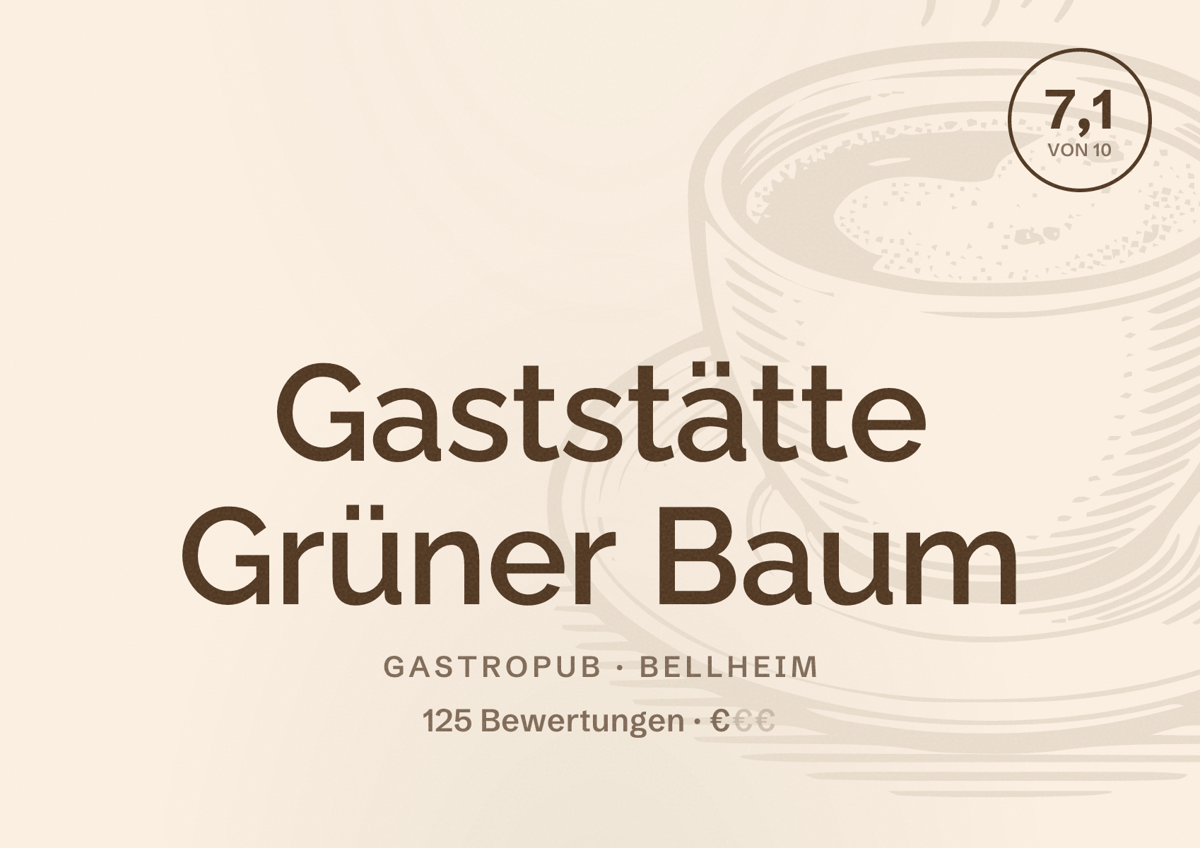 Illustriertes Poster von Gaststätte Grüner Baum, Gastropub in Bellheim: Bewertung 7,1 von 10 aus 125 Bewertungen, Preisniveau €