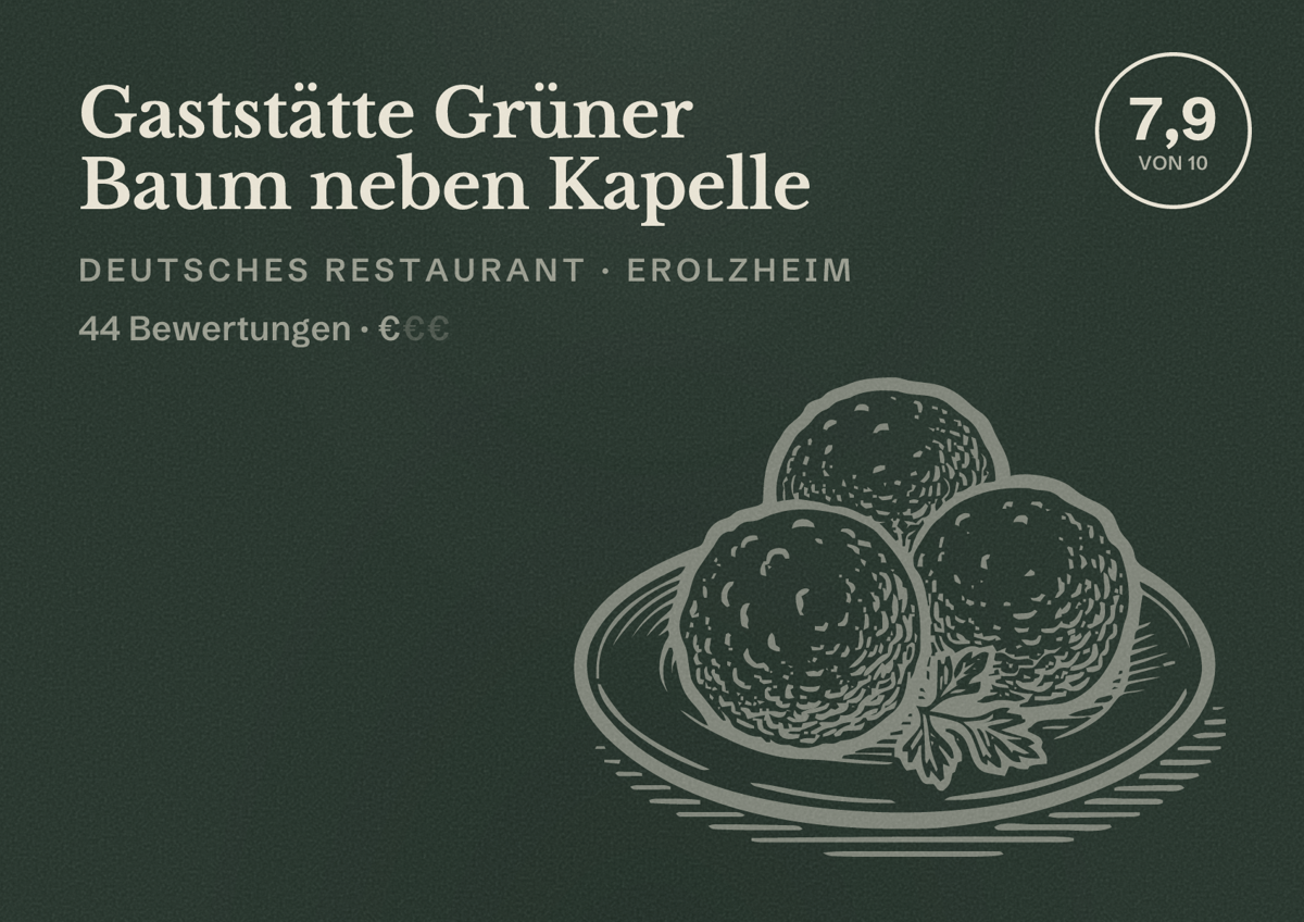 Illustriertes Poster von Gaststätte Grüner Baum neben Kapelle, Deutsches Restaurant in Erolzheim: Bewertung 7,9 von 10 aus 44 Bewertungen, Preisniveau €