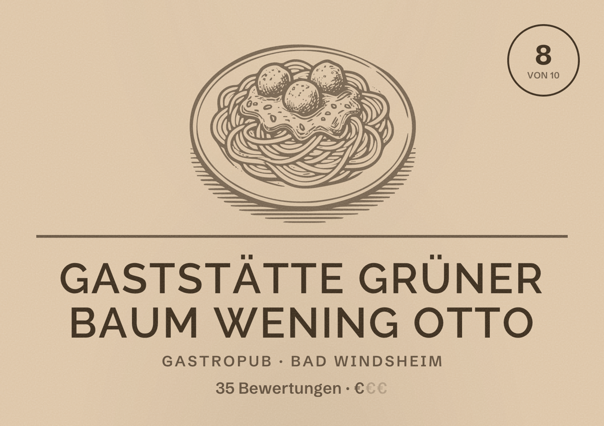 Illustriertes Poster von Gaststätte Grüner Baum Wening Otto, Gastropub in Bad Windsheim: Bewertung 8 von 10 aus 35 Bewertungen, Preisniveau €
