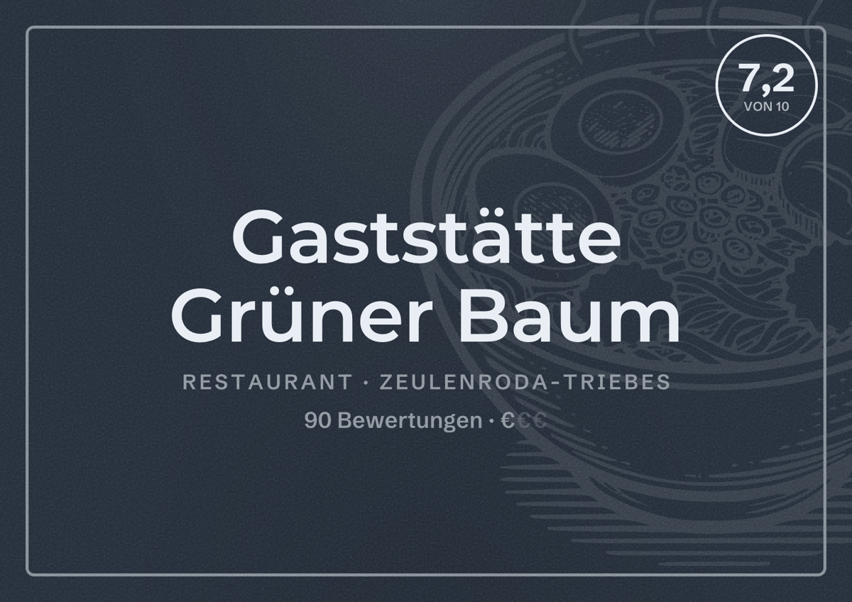 Illustriertes Poster von Gaststätte Grüner Baum, Restaurant in Zeulenroda-Triebes: Bewertung 7,2 von 10 aus 90 Bewertungen, Preisniveau €