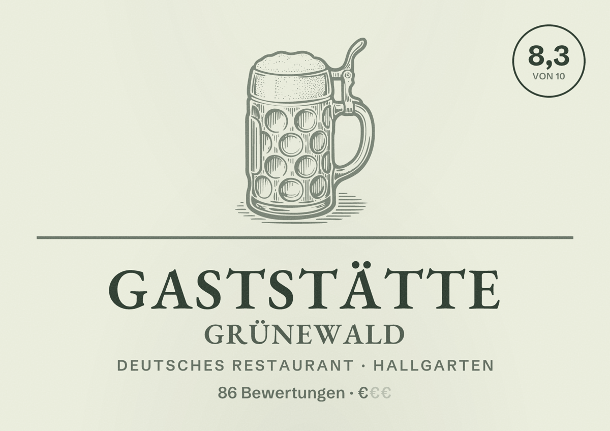 Illustriertes Poster von Gaststätte Grünewald, Deutsches Restaurant in Hallgarten: Bewertung 8,3 von 10 aus 86 Bewertungen, Preisniveau €