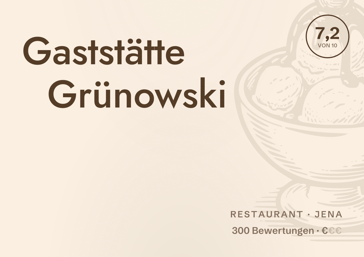 Illustriertes Poster von Gaststätte Grünowski, Restaurant in Jena: Bewertung 7,2 von 10 aus 300 Bewertungen, Preisniveau €