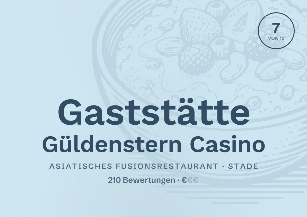 Illustriertes Poster von Gaststätte Güldenstern Casino, Asiatisches Fusionsrestaurant in Stade: Bewertung 7 von 10 aus 210 Bewertungen, Preisniveau €