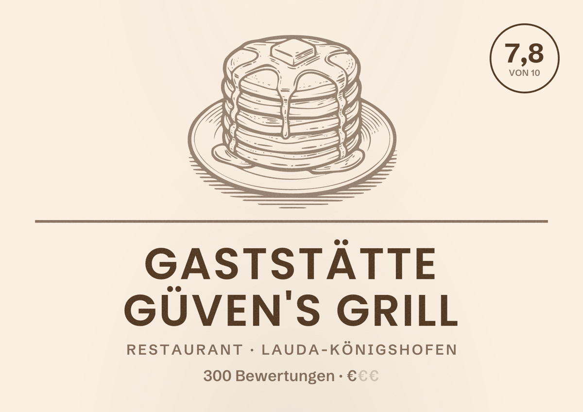 Illustriertes Poster von Gaststätte Güven's Grill, Restaurant in Lauda-Königshofen: Bewertung 7,8 von 10 aus 300 Bewertungen, Preisniveau €