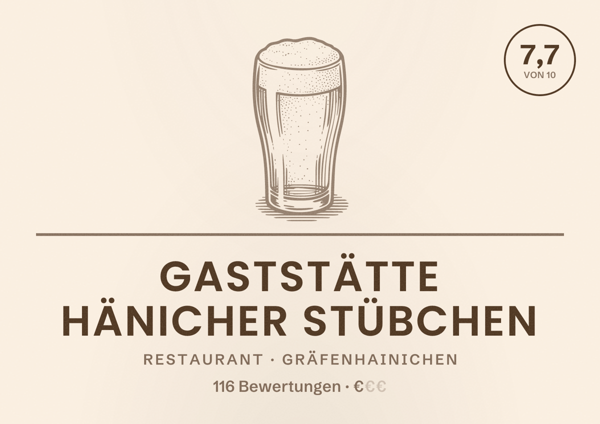 Illustriertes Poster von Gaststätte Hänicher Stübchen, Restaurant in Gräfenhainichen: Bewertung 7,7 von 10 aus 116 Bewertungen, Preisniveau €