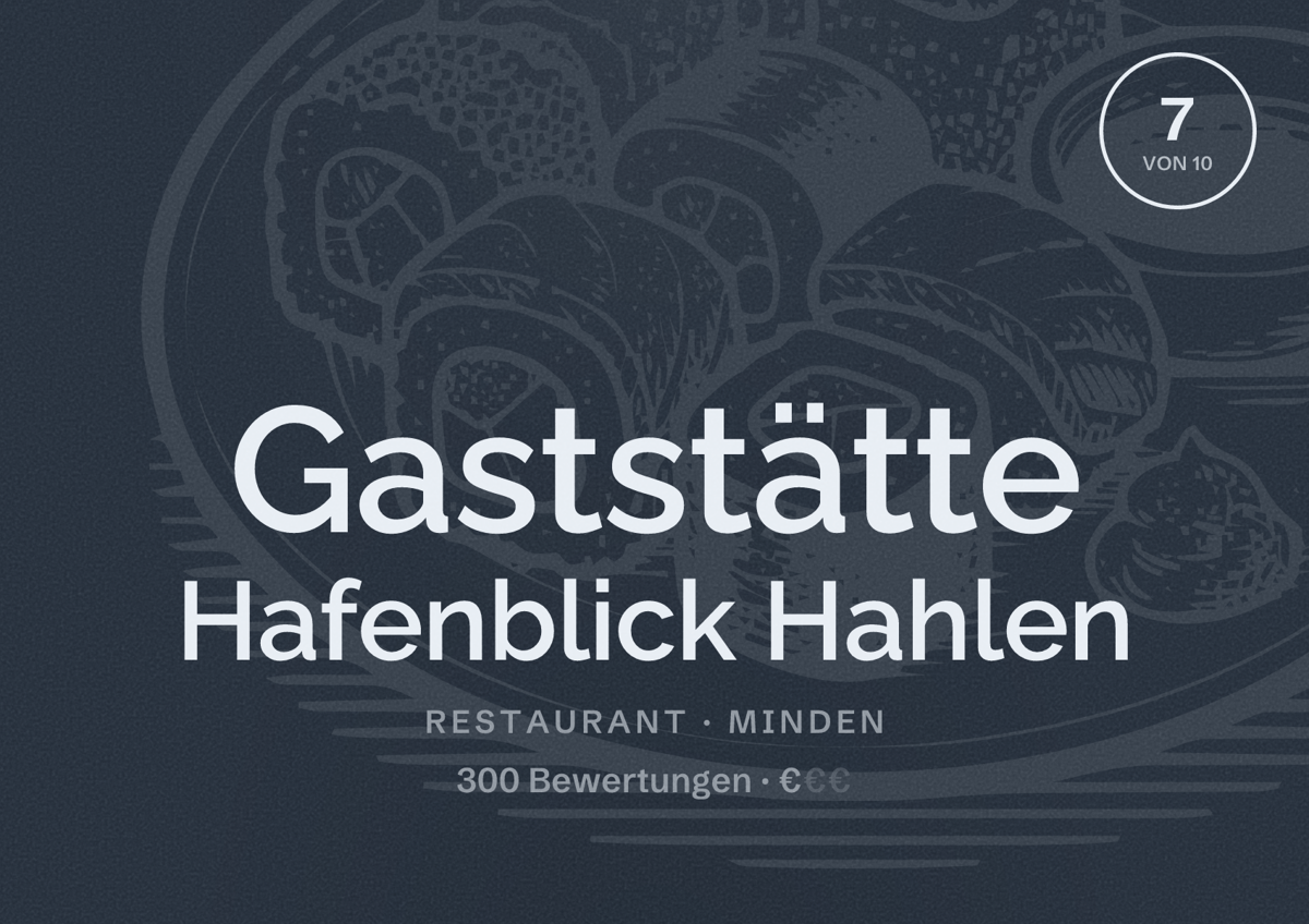 Illustriertes Poster von Gaststätte Hafenblick Hahlen, Restaurant in Minden: Bewertung 7 von 10 aus 300 Bewertungen, Preisniveau €