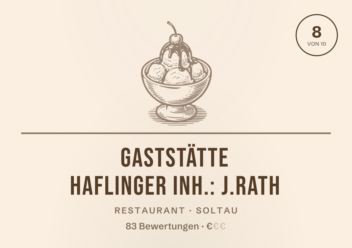 Illustriertes Poster von Gaststätte Haflinger Inh.: J.RATH, Restaurant in Soltau: Bewertung 8 von 10 aus 83 Bewertungen, Preisniveau €