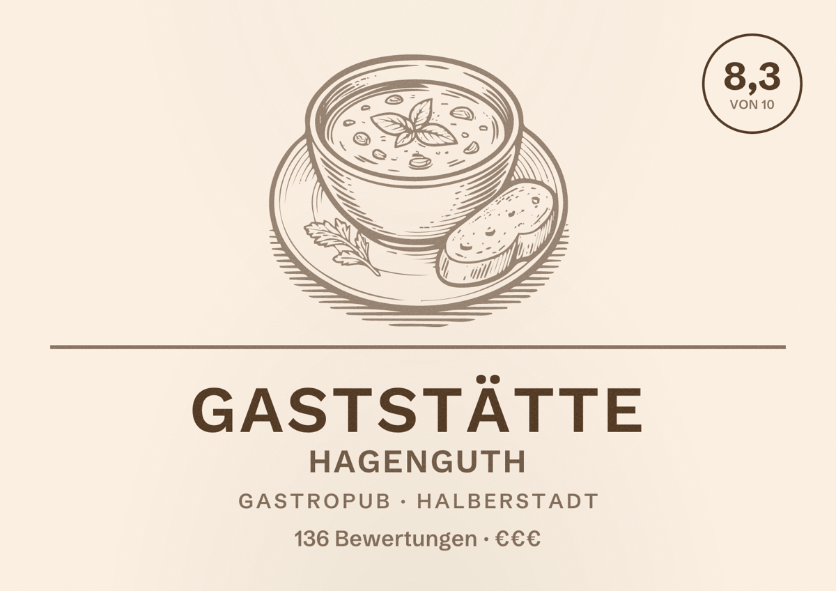 Illustriertes Poster von Gaststätte Hagenguth, Gastropub in Halberstadt: Bewertung 8,3 von 10 aus 136 Bewertungen, Preisniveau €€€