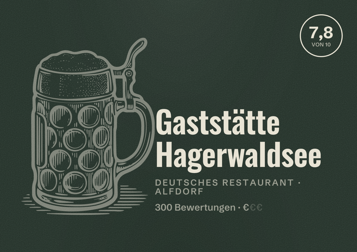 Illustriertes Poster von Gaststätte Hagerwaldsee, Deutsches Restaurant in Alfdorf: Bewertung 7,8 von 10 aus 300 Bewertungen, Preisniveau €