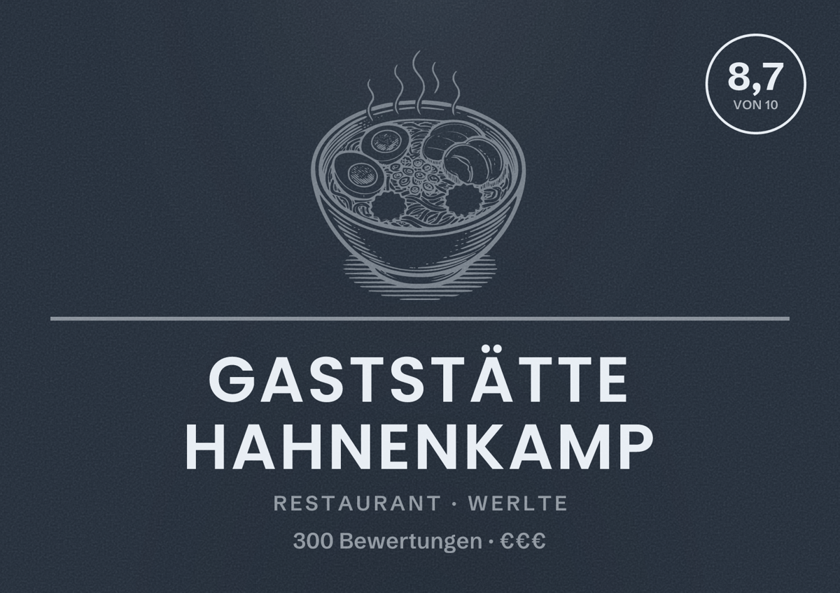 Illustriertes Poster von Gaststätte Hahnenkamp, Restaurant in Werlte: Bewertung 8,7 von 10 aus 300 Bewertungen, Preisniveau €€€