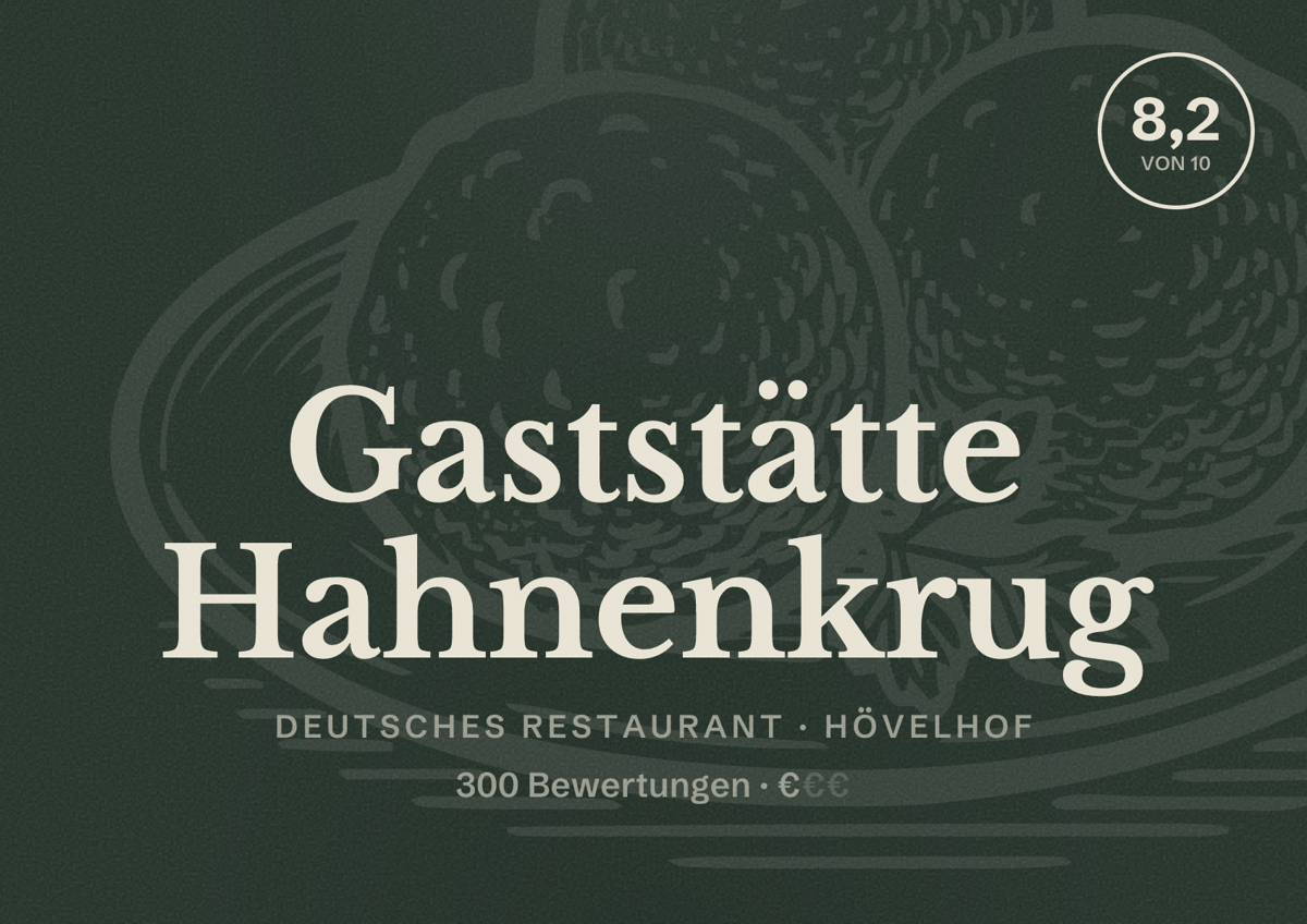 Illustriertes Poster von Gaststätte Hahnenkrug, Deutsches Restaurant in Hövelhof: Bewertung 8,2 von 10 aus 300 Bewertungen, Preisniveau €