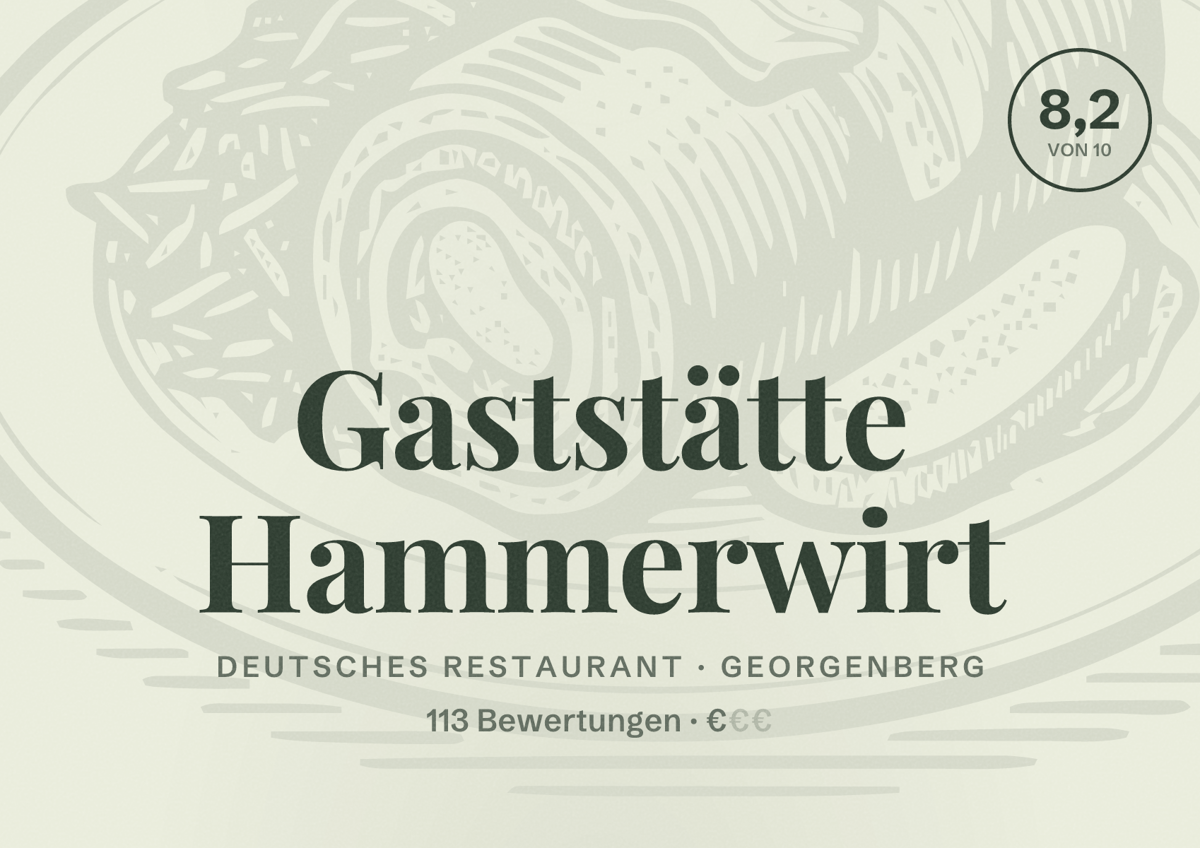 Illustriertes Poster von Gaststätte Hammerwirt, Deutsches Restaurant in Georgenberg: Bewertung 8,2 von 10 aus 113 Bewertungen, Preisniveau €