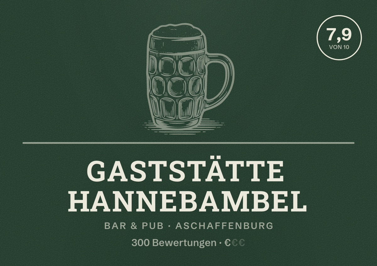 Illustriertes Poster von Gaststätte Hannebambel, Bar & Pub in Aschaffenburg: Bewertung 7,9 von 10 aus 300 Bewertungen, Preisniveau €