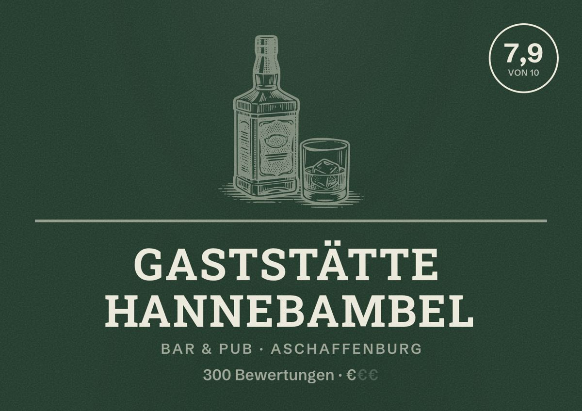 Illustriertes Poster von Gaststätte Hannebambel, Bar & Pub in Aschaffenburg: Bewertung 7,9 von 10 aus 300 Bewertungen, Preisniveau €