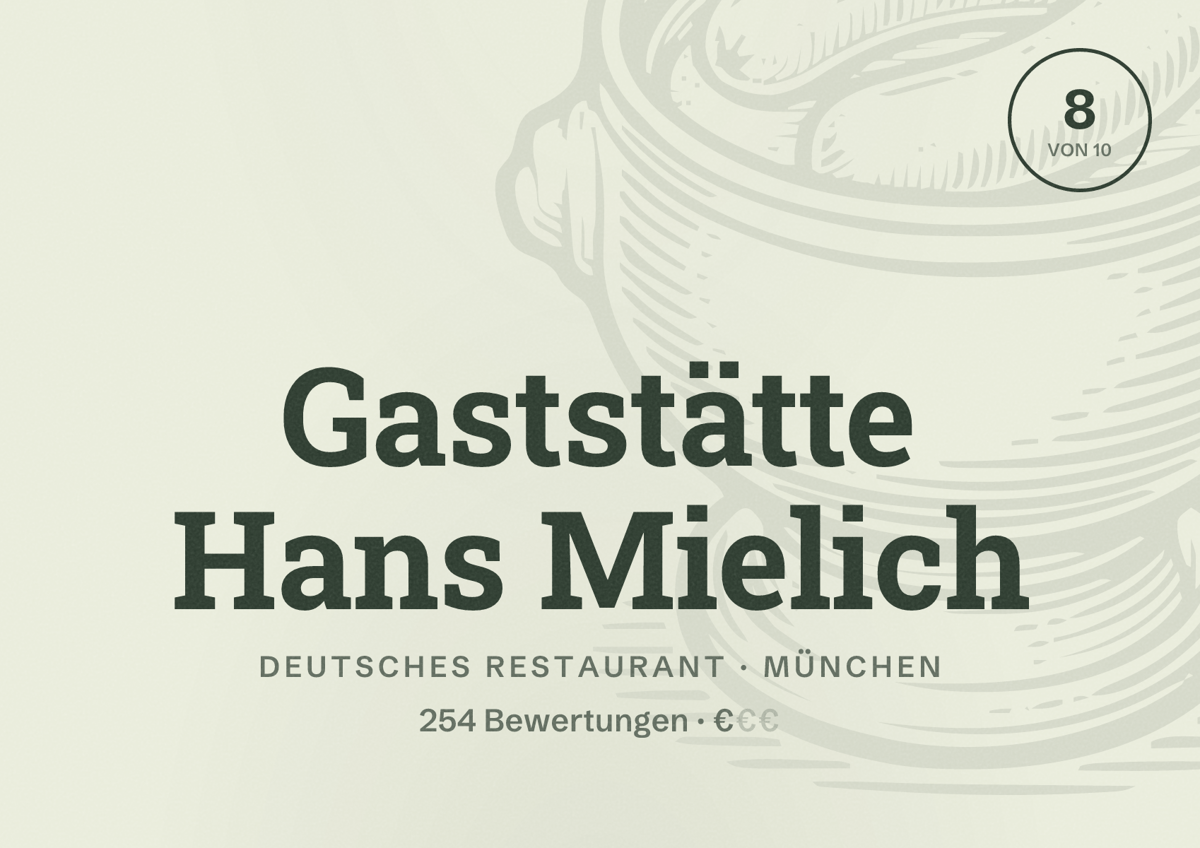 Illustriertes Poster von Gaststätte Hans Mielich, Deutsches Restaurant in München: Bewertung 8,0 von 10 aus 254 Bewertungen, Preisniveau €
