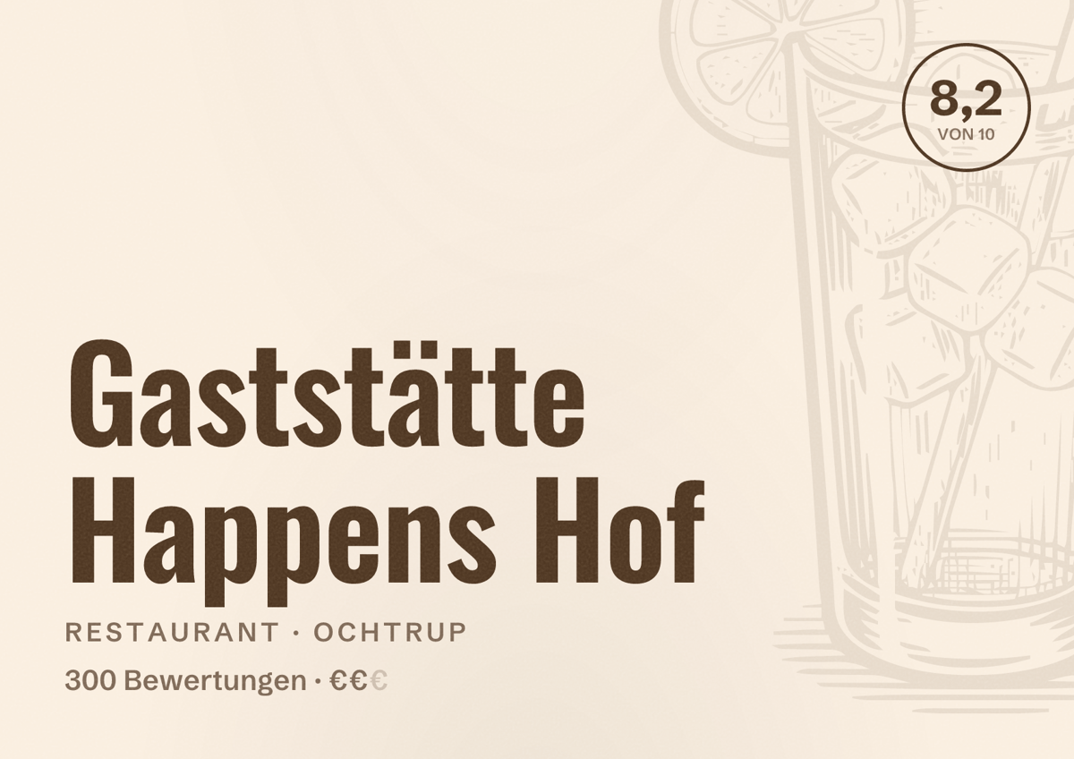 Illustriertes Poster von Gaststätte Happens Hof, Restaurant in Ochtrup: Bewertung 8,2 von 10 aus 300 Bewertungen, Preisniveau €€