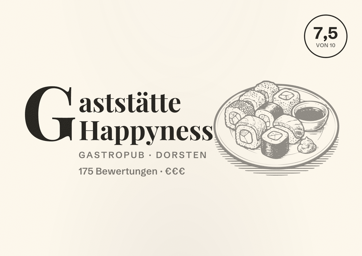 Illustriertes Poster von Gaststätte Happyness, Gastropub in Dorsten: Bewertung 7,5 von 10 aus 175 Bewertungen, Preisniveau €€€