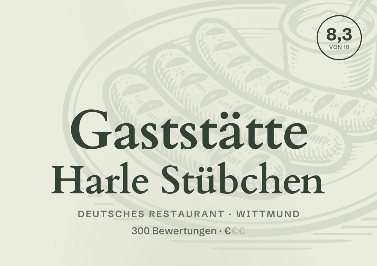 Illustriertes Poster von Gaststätte Harle Stübchen, Deutsches Restaurant in Wittmund: Bewertung 8,3 von 10 aus 300 Bewertungen, Preisniveau €