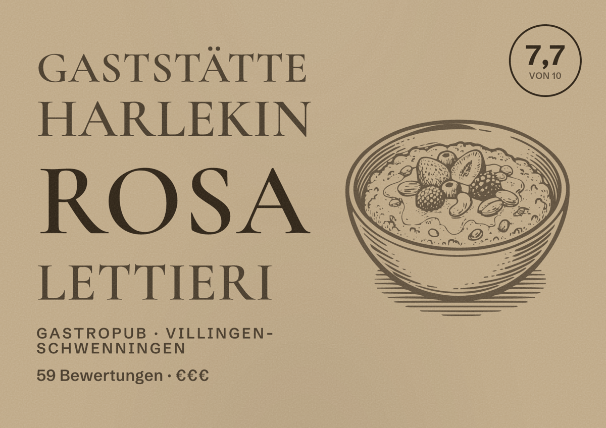 Illustriertes Poster von Gaststätte Harlekin Rosa Lettieri, Gastropub in Villingen-Schwenningen: Bewertung 7,7 von 10 aus 59 Bewertungen, Preisniveau €€€