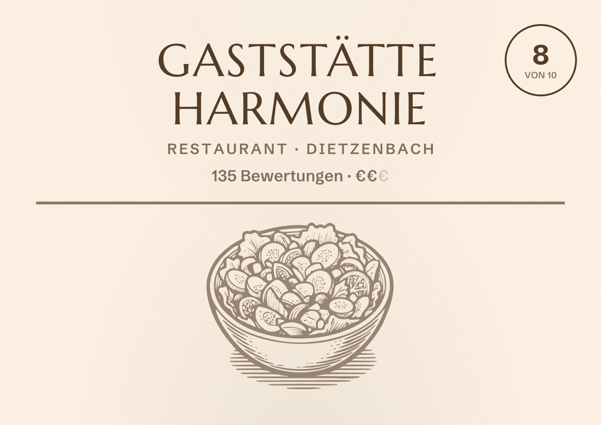 Illustriertes Poster von Gaststätte Harmonie, Restaurant in Dietzenbach: Bewertung 8 von 10 aus 135 Bewertungen, Preisniveau €€