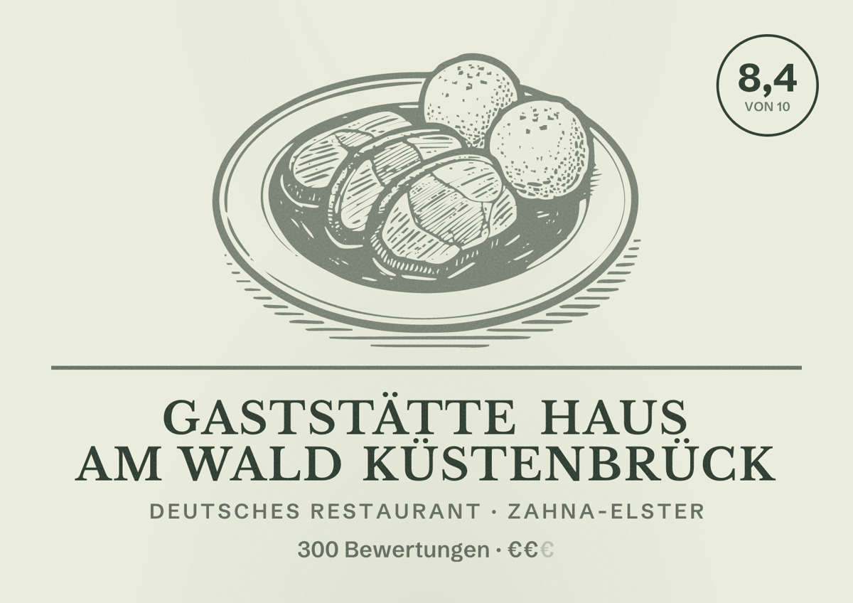 Illustriertes Poster von Gaststätte Haus am Wald Küstenbrück, Deutsches Restaurant in Zahna-Elster: Bewertung 8,4 von 10 aus 300 Bewertungen, Preisniveau €€