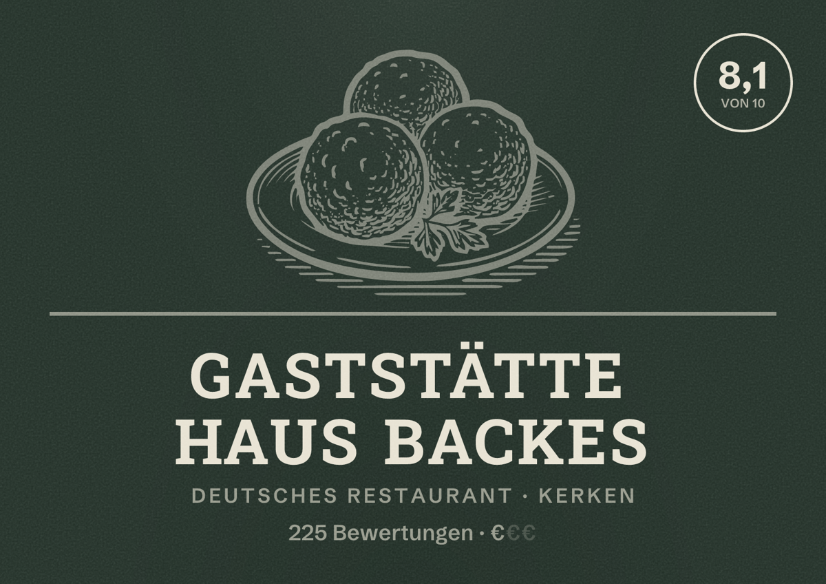Illustriertes Poster von Gaststätte Haus Backes, Deutsches Restaurant in Kerken: Bewertung 8,1 von 10 aus 225 Bewertungen, Preisniveau €