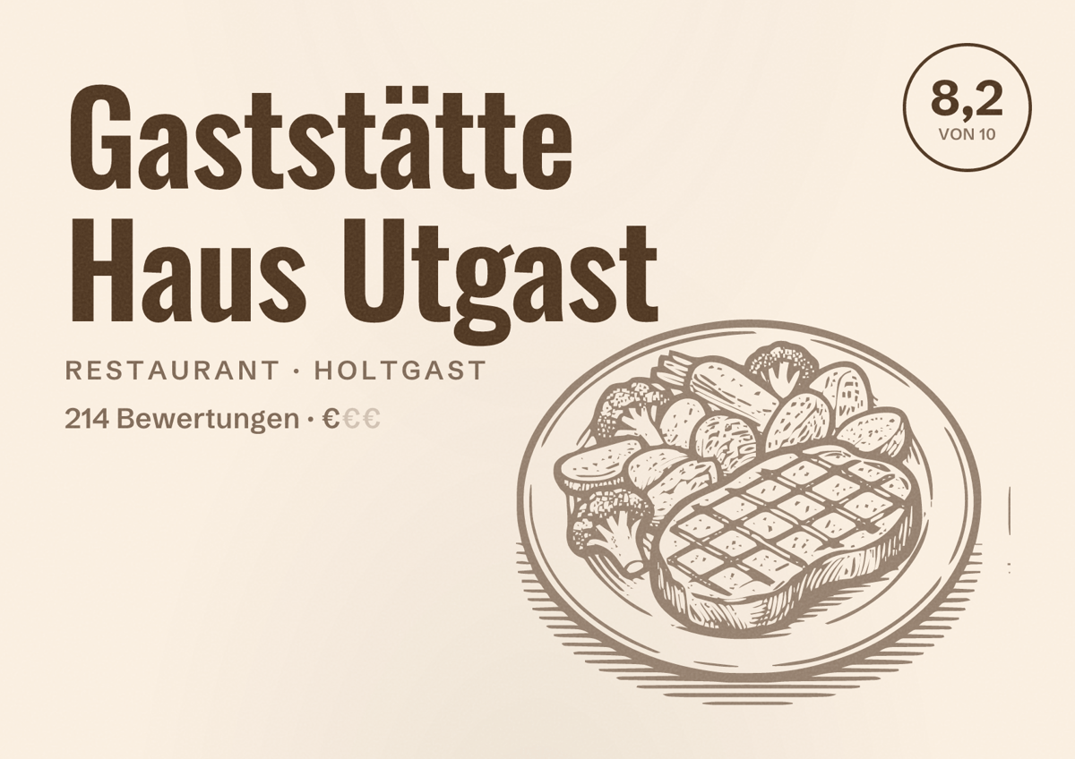 Illustriertes Poster von Gaststätte Haus Utgast, Restaurant in Holtgast: Bewertung 8,2 von 10 aus 214 Bewertungen, Preisniveau €