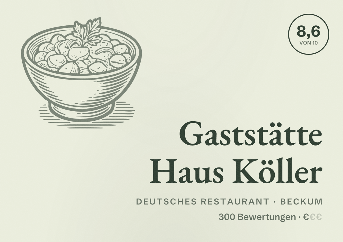 Illustriertes Poster von Gaststätte Haus Köller, Deutsches Restaurant in Beckum: Bewertung 8,6 von 10 aus 300 Bewertungen, Preisniveau €