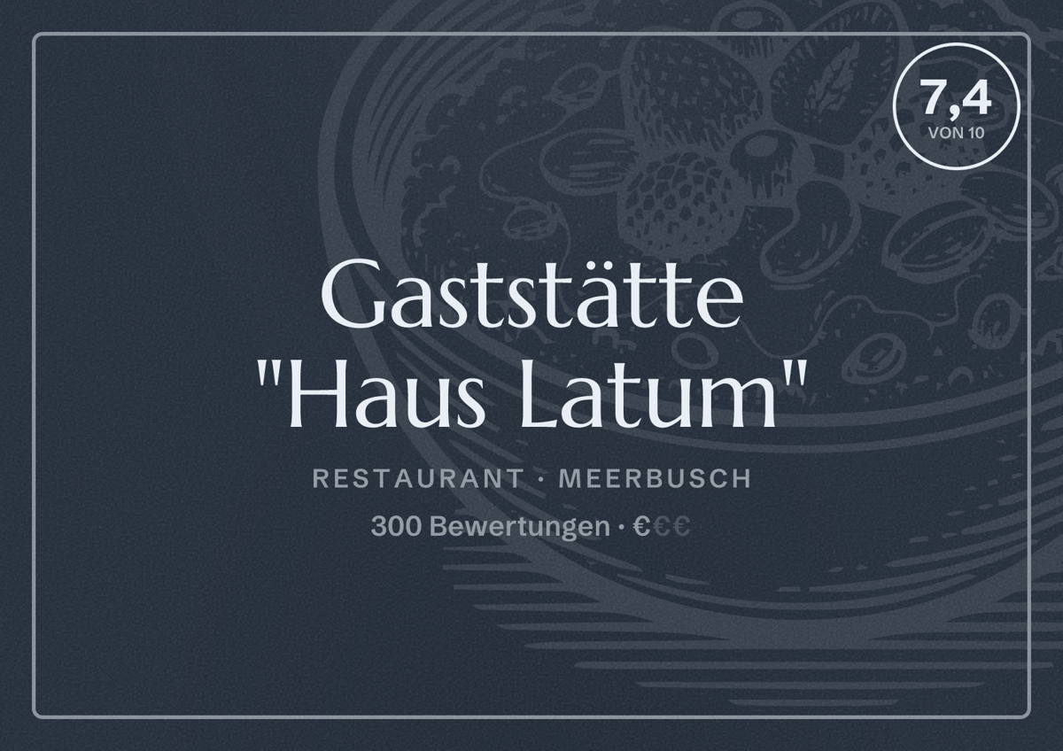 Illustriertes Poster von Gaststätte "Haus Latum", Restaurant in Meerbusch: Bewertung 7,4 von 10 aus 300 Bewertungen, Preisniveau €