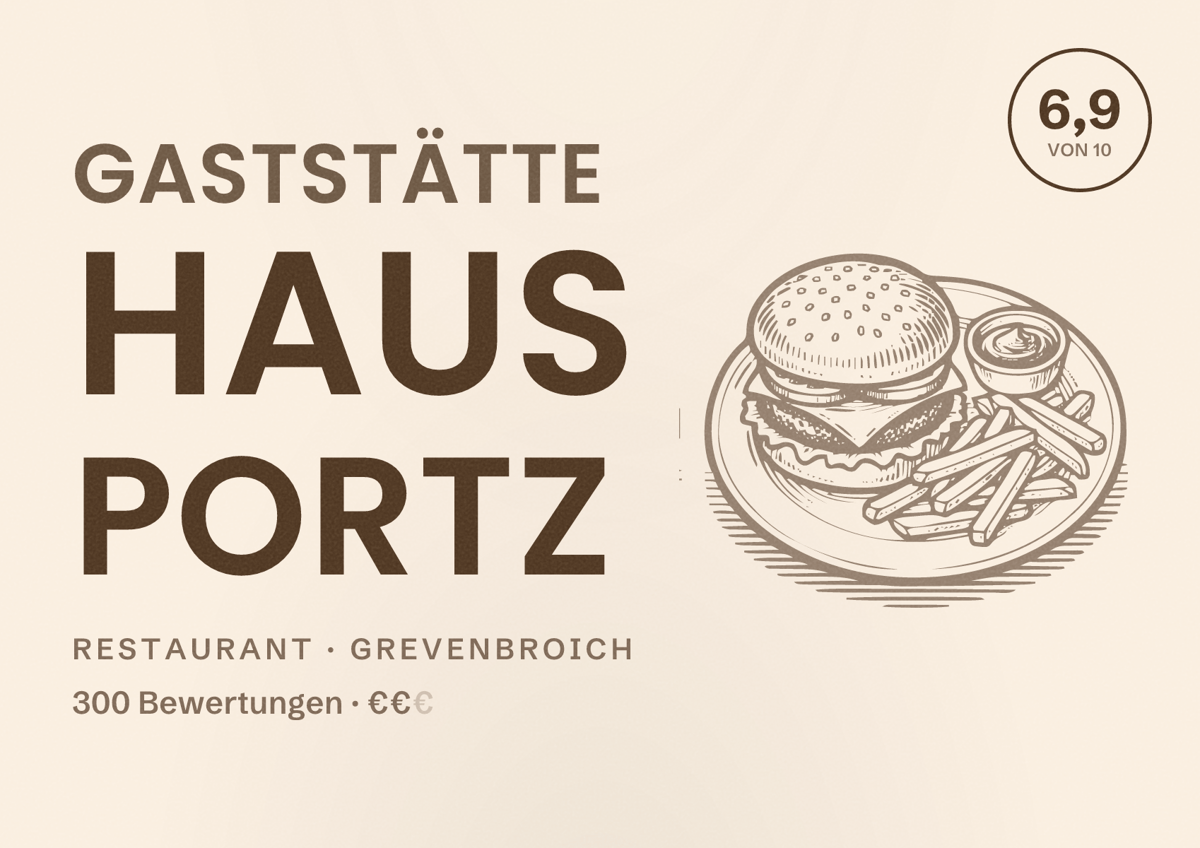 Illustriertes Poster von Gaststätte Haus Portz, Restaurant in Grevenbroich: Bewertung 6,9 von 10 aus 300 Bewertungen, Preisniveau €€